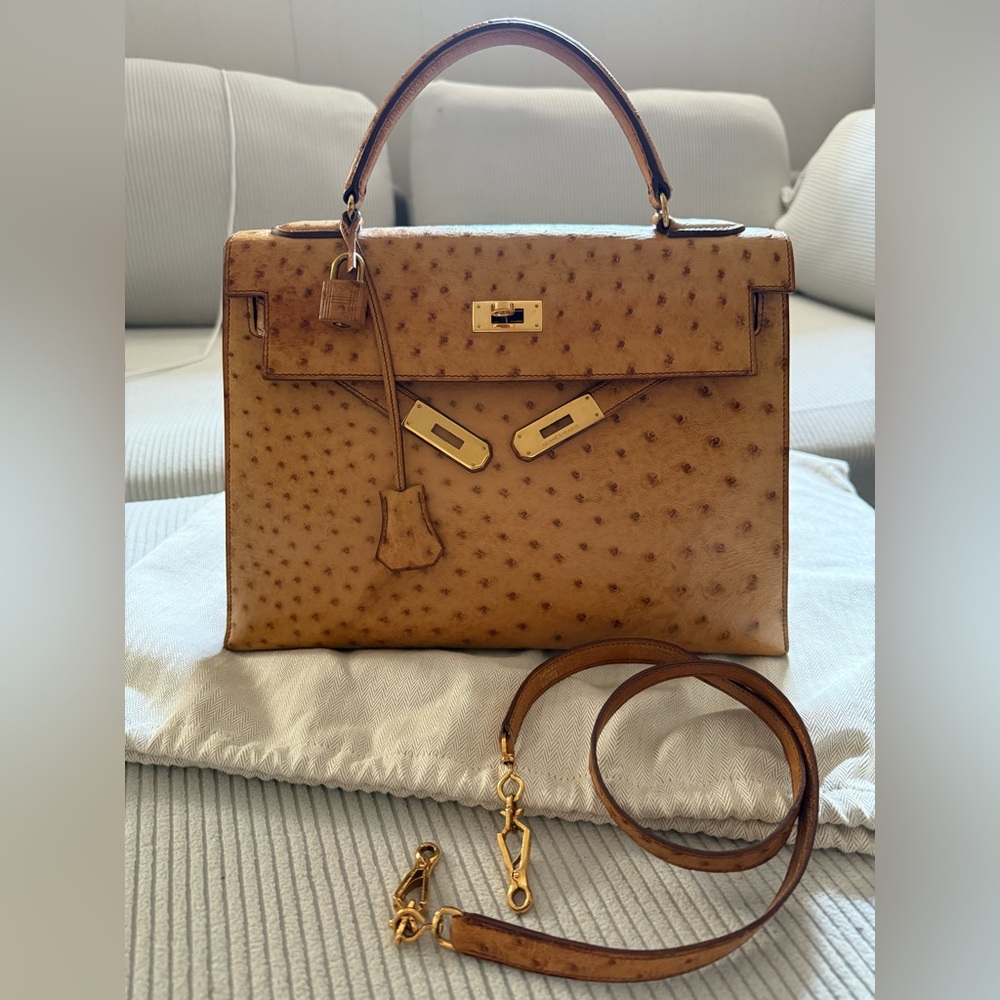 Hermes Cognac Ostrich Leather Kelly 32